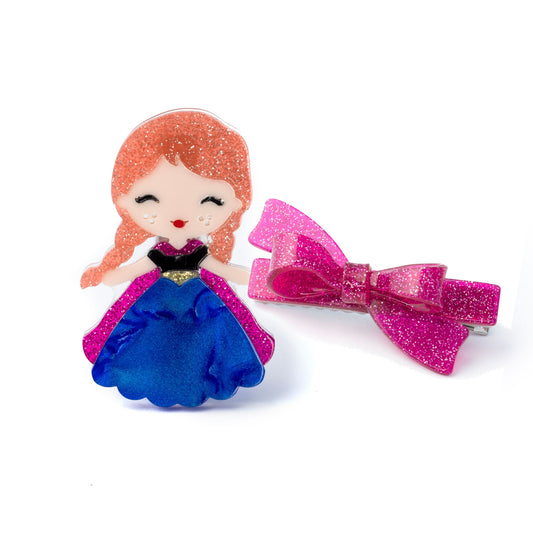 Princess Anna & Magenta Bow Hair Clips