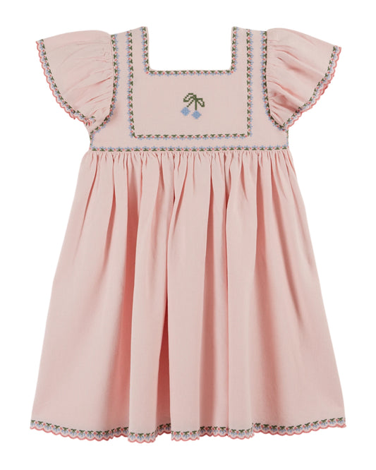 Emile et Ida -  Embroidered Cherries Dress (Macaron Pink)