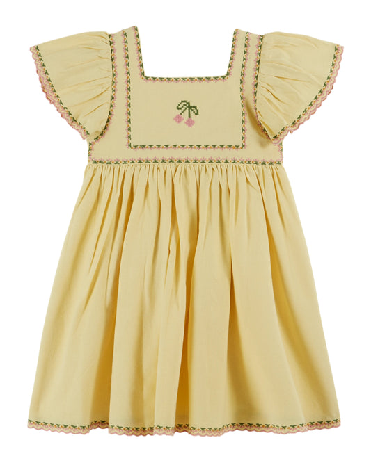 Emile et Ida -  Embroidered Cherries Dress (Mimosa Yellow)
