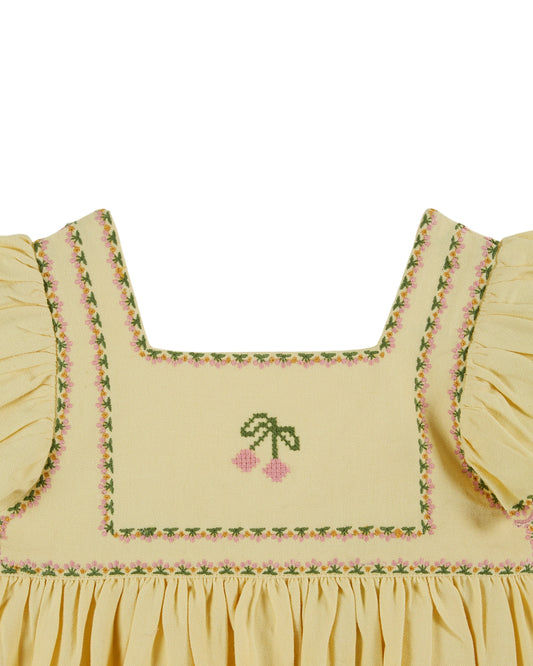 Emile et Ida -  Embroidered Cherries Dress (Mimosa Yellow)