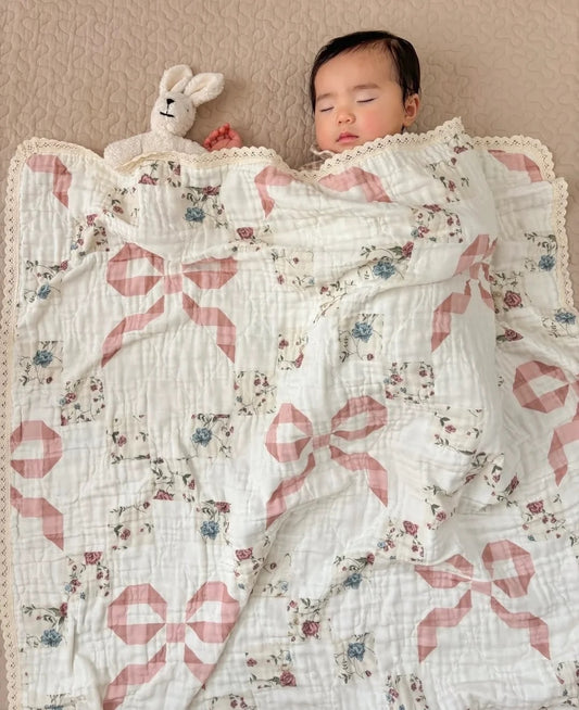 Bows and Florals Patchwork Quilted Gauze Blanket