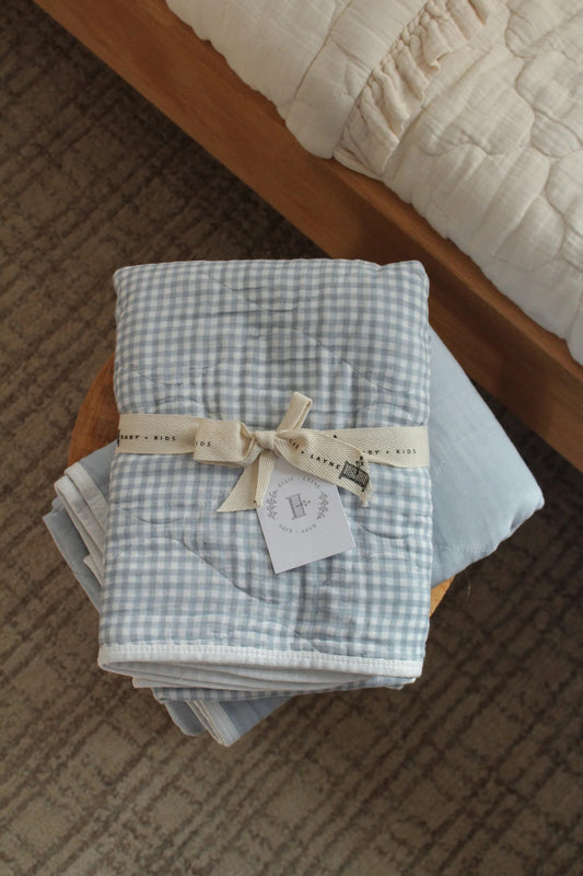 Dusty Blue Solids + Gingham Quilted Gauze Blanket
