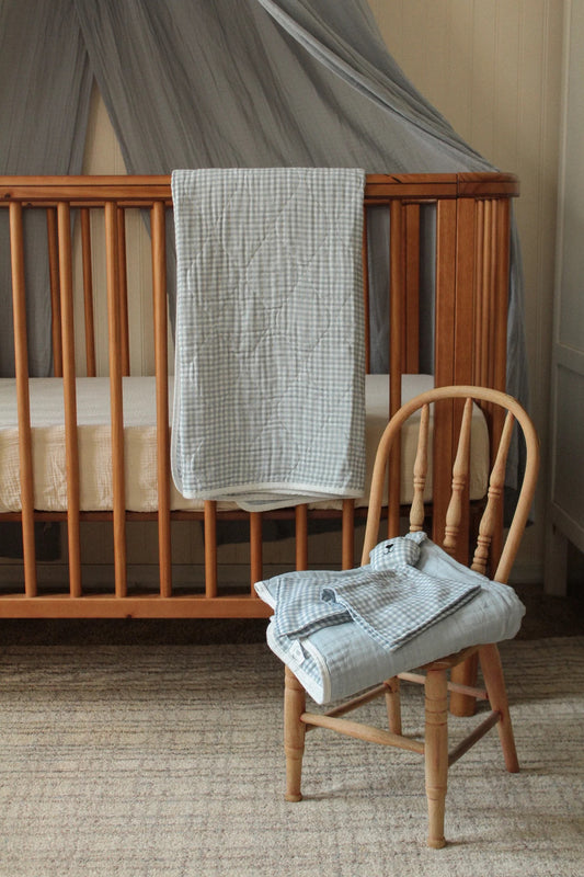 Dusty Blue Solids + Gingham Quilted Gauze Blanket