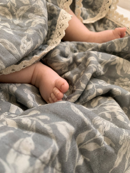 Della Blue Floral Quilted Gauze Blanket