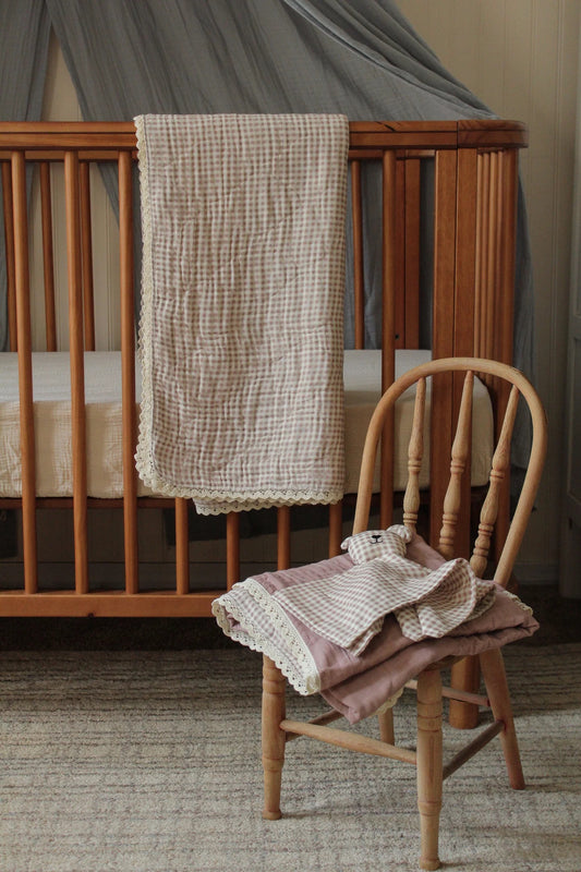 Mauve Solids + Gingham Quilted Gauze Blanket