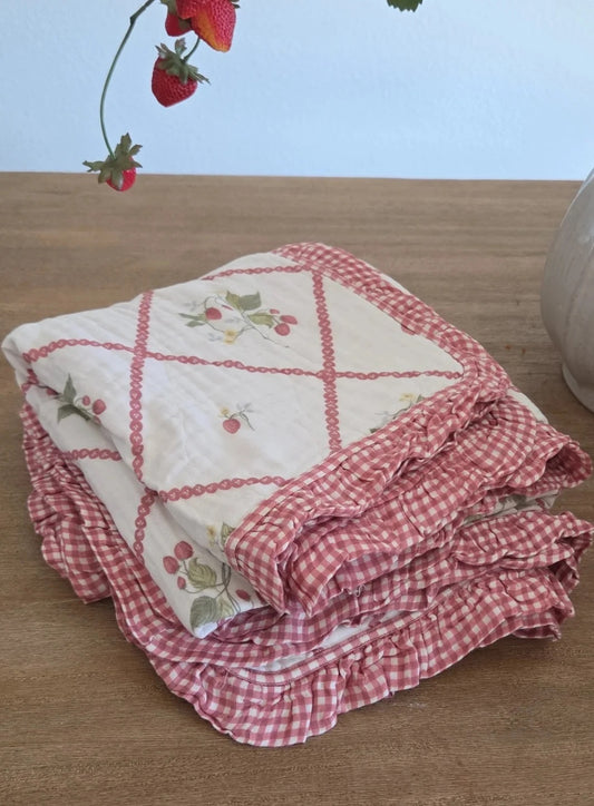 Ruby Strawberry Ruffle Quilted Gauze Blanket