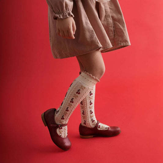 Collégien - Cherries & Bows Knee Socks (Vieux Rose)